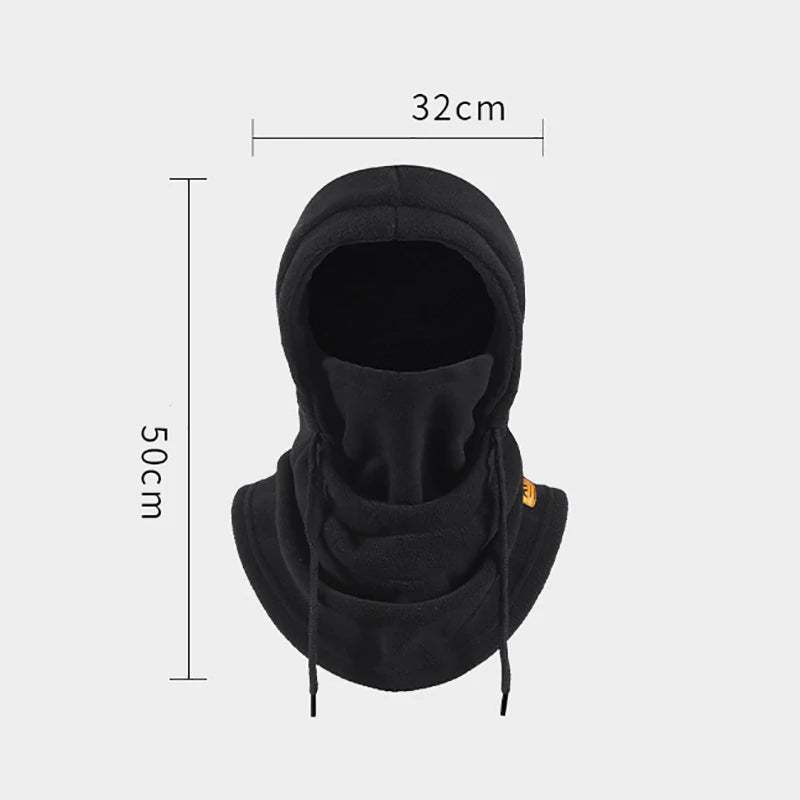 Fleece hood in black with measurements, 32 cm wide and 50 cm long