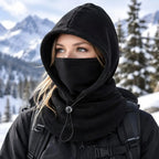 Black fleece hood worn outdoors