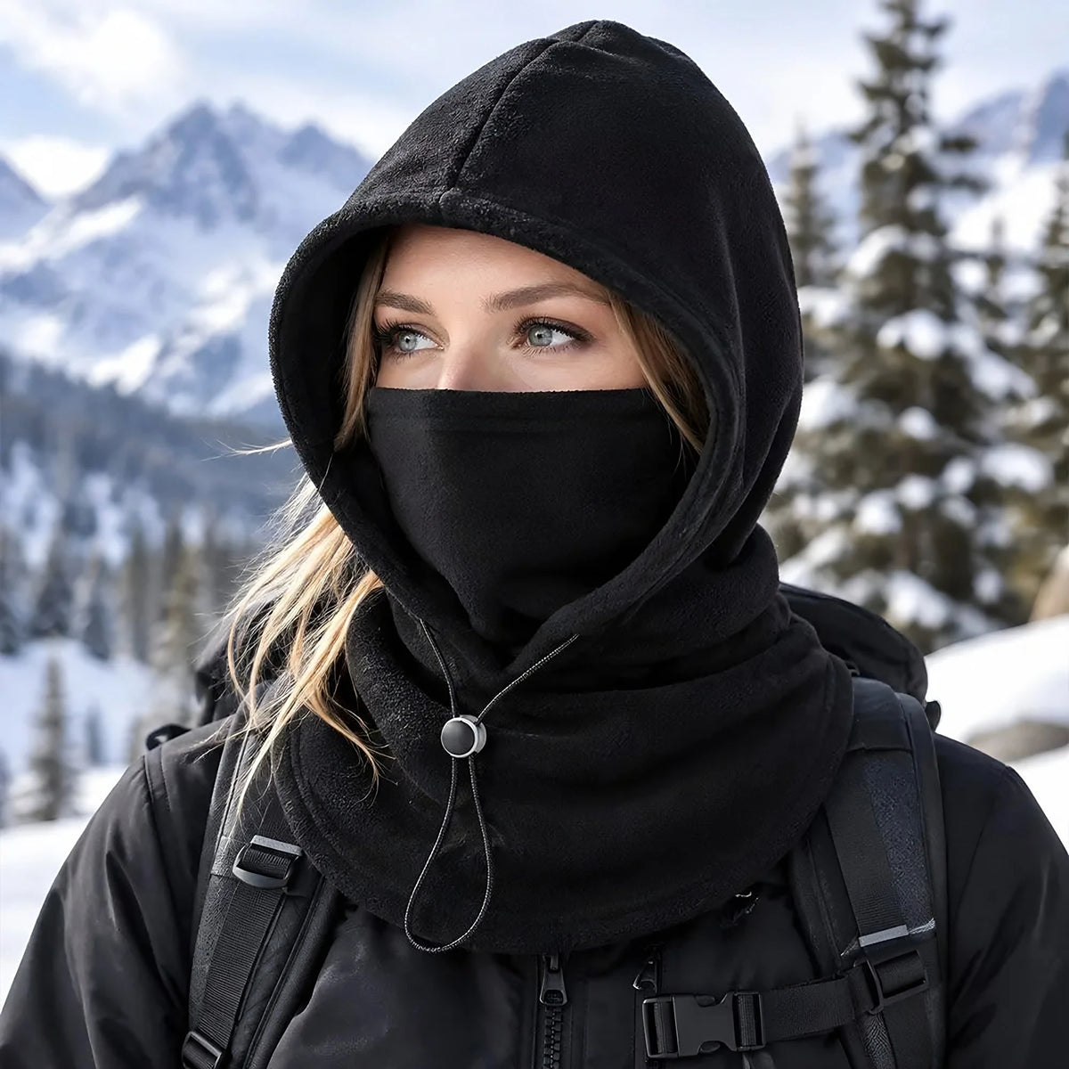 Black fleece hood worn outdoors