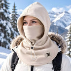 Fleece hood worn in the snow with the mask up
