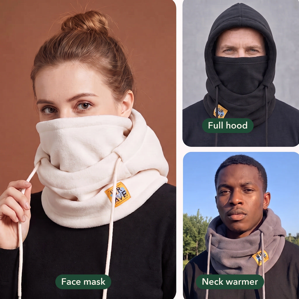 Three ways to wear the fleece hood: face mask, full hood, neck warmer